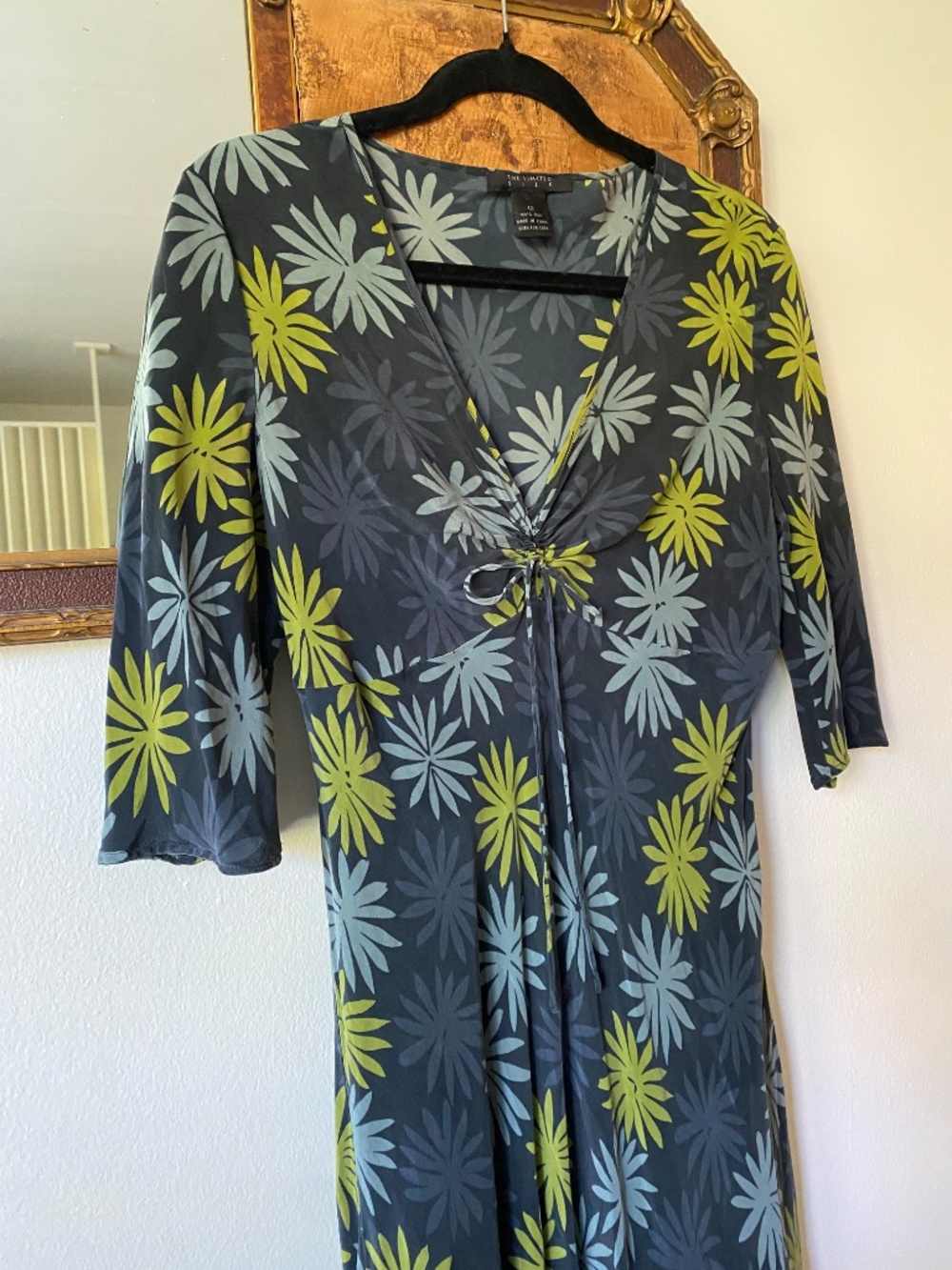 Vintage y2k 100% Silk Blue Green Floral Bias Cut Dress Size 12 Boho *read*